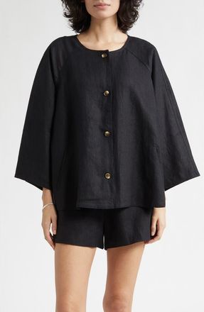 Poss&eacute; Olivia Flare Linen Button-Up Top in Black at Nordstrom, Size Xx-Large