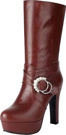 Generic Womens Classic Mid Calf Boots Round Toe Super High Chunky Heel Platform With Pearl Accents Stylish Footwear