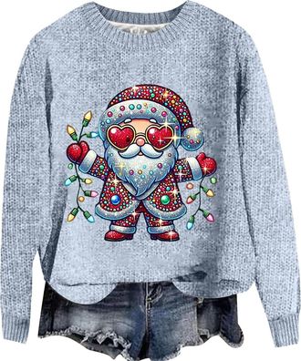 Generic Christmas Jumpers for Women Fashion 3D Print Womens Knitted Jumpers Long Sleeves Ladies Xmas Sweaters Winter Warm Fleece Pullover Sweaters Soft Comfor