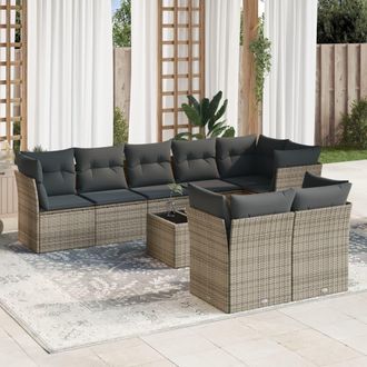 vidaXL Set De Muebles De Jard&iacute;n 9 Pzas Y Cojines Rat&aacute;n Sint&eacute;tico Gris Vidaxl