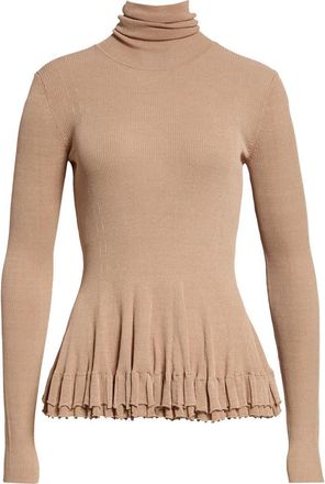 Ashlyn Meritt Ruffle Hem Rib Turtleneck Sweater in Tan at Nordstrom, Size X-Small