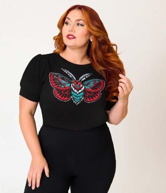 Unique Vintage Plus Size Embroidered Long Sleeve Sweater in Black Moth Print at Nordstrom, Size 4X