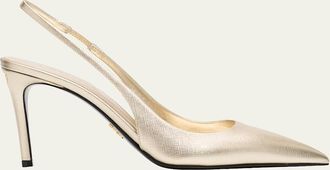 Prada 90mm Saffiano Metallic Leather Slingback Pumps