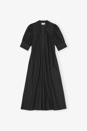 Ganni Black Cotton Poplin V-Neck Midi Dress - Size 10/12
