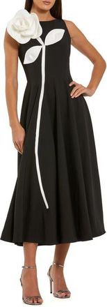 Mac Duggal Crepe A Line Midi Dress with 3D Flower in Black Ivory at Nordstrom, Size 14