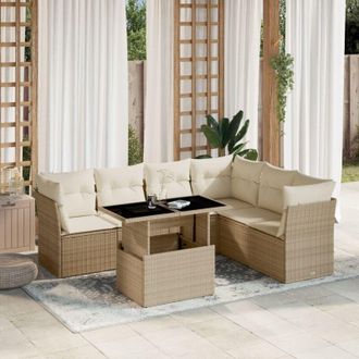 vidaXL Vidaxl - Set Sof&aacute;s De Jard&iacute;n 7 Piezas Y Cojines Rat&aacute;n Sint&eacute;tico Beige