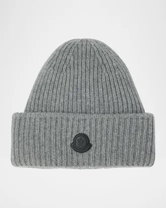 Moncler Men & apos;s Cashmere Rib Leather-Logo Beanie Hat