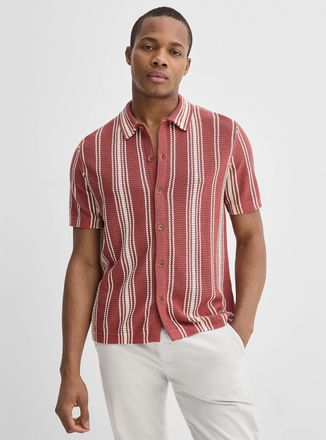 Le 31 Mens Striped pointelle knit Polo Shirt-collar cardigan