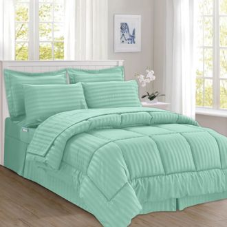 Elegant Comfort 8-Piece Dobby Stripe Comforter Set - Includes 4-Piece Sheet Set with Double Sided Storage Pockets