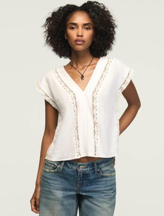 Lucky Brand Womens Linen Lace Trimmed V Neck Top