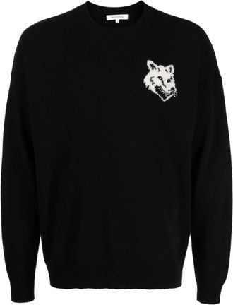 Maison Kitsun&eacute; Fox Head Intarsia Logo Sweater - Heren - Sweatshirts - Zwart - M - Wol - Hoodies & sweatvesten