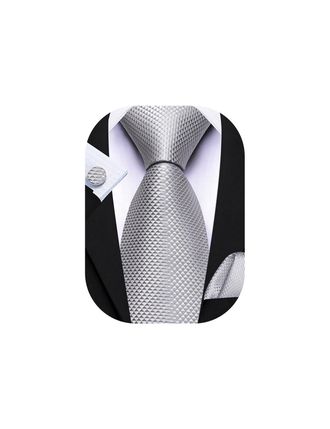 Barry.Wang Silver Tie 63 Extra Long Plaid Necktie for Men Silk Pocket Square Cuff Links Wedding Formal