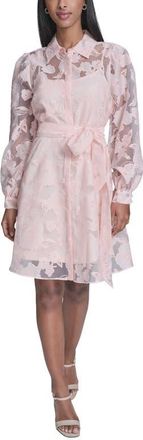 Karl Lagerfeld Long Sleeve Floral Organza Shirtdress in Pearl Blush at Nordstrom, Size 16