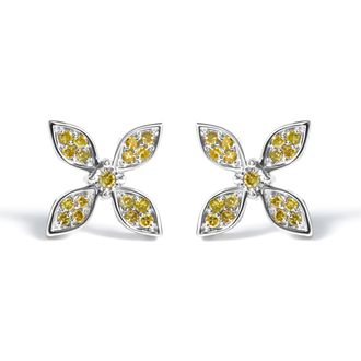 House of Brilliance Sterling Silver Yellow Treated Diamond Accent Floral Stud Earrings