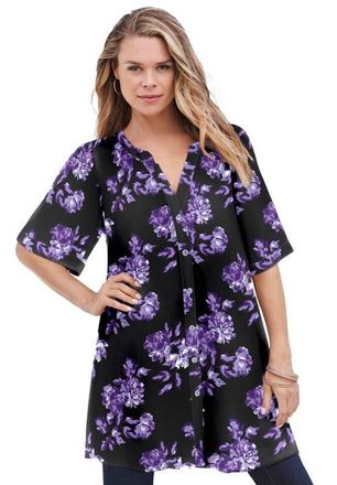 Roaman's Plus Size Angelina Crinkle Crepe Y-Neck Short Sleeve Tunic in Black Purple Floral at Nordstrom, Size 44