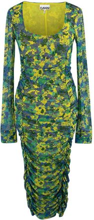 Ganni Multicoloured Rushed Mesh Midi Dress Size XXS