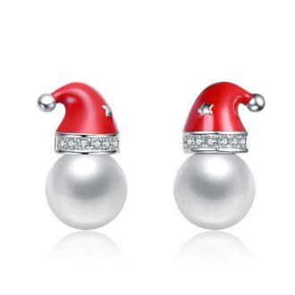 Rachel Glauber White Gold Plated with White Pearl & Clear Cubic Zirconia Santa Hat Stud Earrings