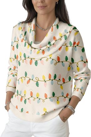 Generic Womens Christmas Oversized Cowl Neck Sweater Long Sleeve Lightweight Pullover Xmas Printed Casual Top (White,M)