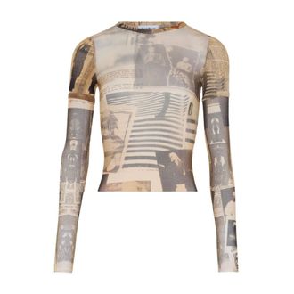 Jean Paul Gaultier Tops, Dames, Veelkleurig, L, Journal-print top met dubbele mouwen