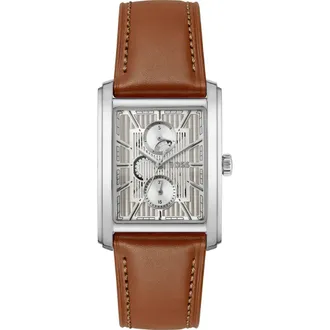 BOSS Principle Dress Multifunction Tank Leather Strap Watch, 30.5mm x 42mm in Silver at Nordstrom