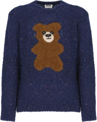Moschino Blue Boucl&eacute; Wool-Blend Teddy Bear Motif Sweater