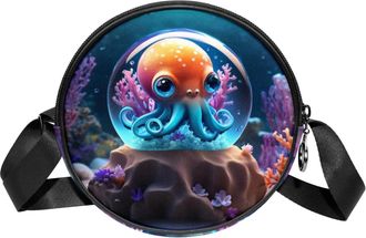 Generic Circle Crossbody Bag for Women, Octopus Crystal Ball Small Sling Bag Daypack with Zipper Adjustable Shoulder Straps Casual Ladies Girls Round Purse