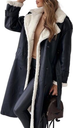 Generic Womens Fall and Winter Medium-length Padded Lined Warm Coat Fashion Loose Casual Classic Lapel Double-breasted Jacket with Belt (Black,XL)