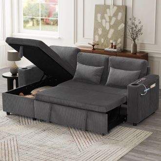 Matteo 3 in 1 Convertible Corduroy Sofa Bed With Storage Chaise, Grey | Size: Double