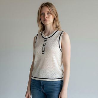 Autumn Cashmere Cropped Boxy Two Tone Pointelle Shell Top In White Navy