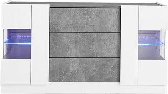 STILVORA Aparador Con 2 Puertas Y 3 Cajones, Led 16 Colores Con App, Blanco Brillo Y Efecto M&aacute;rmol Gris, Mdf, 140&times;35&times;75 Cm