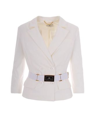 Elisabetta Franchi Ivory Bi-Elastane Blazer With Classic Lapel And Gold Accents