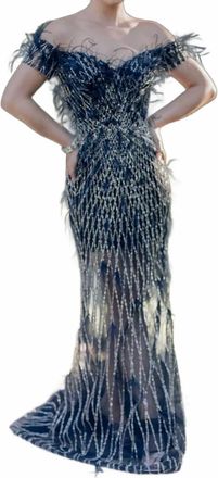 Terani Couture Off-Shoulder Feathered Sheer Prom Dress In Navy
