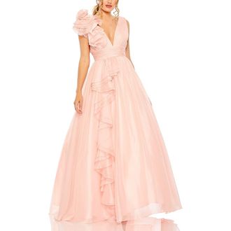 Mac Duggal Chiffon One Shoulder Ruffle Detail Ball Gown in Blush at Nordstrom, Size 14