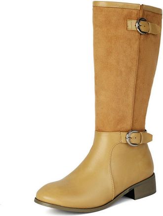 Generic Womens Round Toe PU Leather Knight Boots Pull on Knee High Boots with Buckle Low Chunky Heel Long Boot,Apricot,8.5 UK