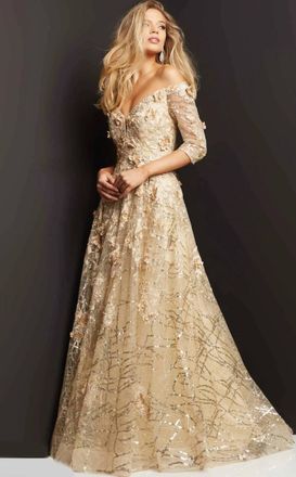Jovani 3/4 Sleeve Lace Ball Gown In Champagne