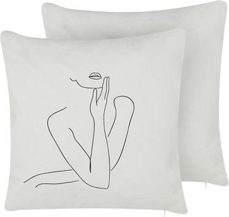 Beliani Beliani - Conjunto De 2 Cojines De Algod&oacute;n Blanco Patr&oacute;n Silueta Mujer 45 X 45 Cm Funda Extra&iacute;ble Cremallera Moderno Meadowfoam