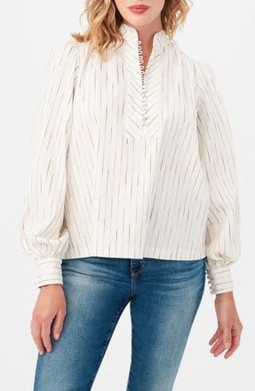Trina Turk Sisi Stripe Long Sleeve Silk & Cotton Blend Shirt in White/Camel at Nordstrom Rack, Size Large