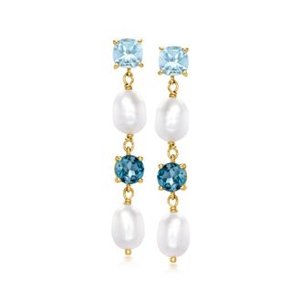 Ross-Simons 5.5-6mm Cultured Pearl and Tonal Blue Topaz Drop Earrings in 18kt Gold Over Sterling