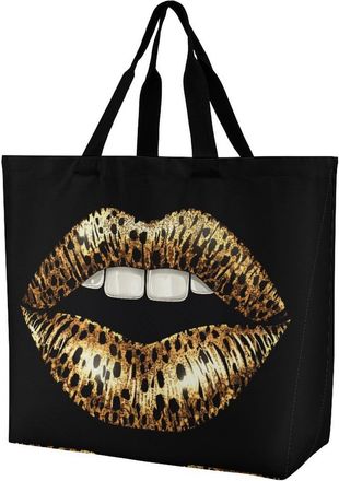 Generic Leopard Print Glittery Llips Reusable Shopping Bags One Shoulder Grocery Tote Bag Waterproof Big Purse for Work Travel