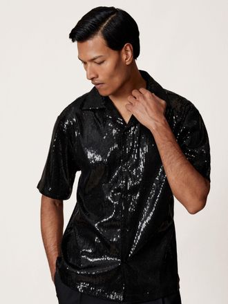 Reiss Black Sequin Cuban-collar Shirt, Xxl