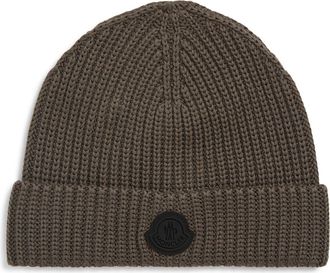 Moncler Logo Patch Cotton Rib Beanie in Peat at Nordstrom