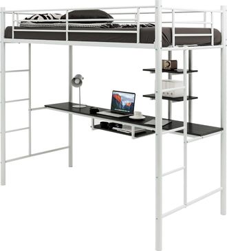 Costway Costway Cama Alta Con Escritorio 95x200cm, Cama Alta Individual, Estructura De Hierro, 2 Escaleras Bilaterales Y 2 Estantes De Almacenamiento, Literas