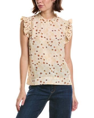 T Tahari Shirred Ruffle Sleeve Printed Woven Top