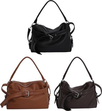 Generic Moto Style Elegant Handbags PU Shoulder Bag Belt Tote Bag for Women (Black)