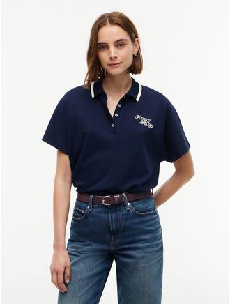Tommy Hilfiger Womens Relaxed Fit Embroidered Logo Polo - Dark Blue - XL