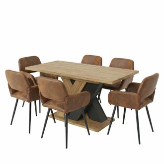 Urban Meuble Conjunto de mesa de comedor extensible y 6 sillas efecto piel marr&oacute;n