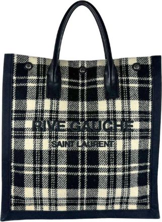 Saint Laurent Black White Leather Cotton Handbag Tote Bag (Pre-Owned)