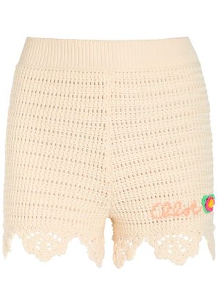 Chlo&eacute; Logo-intarsia Crochet Cotton Shorts - White - S (UK8-10 / S)