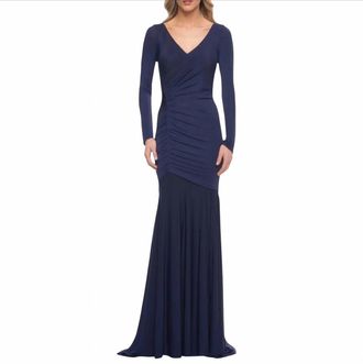 La Femme Womens Ruched Jersey Long Sleeve Gown Dress In Navy
