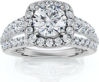 Pompeii3 F/VS 1.50Ct Multi Row Diamond Cushion Halo Engagement Ring 14k Gold Lab Grown